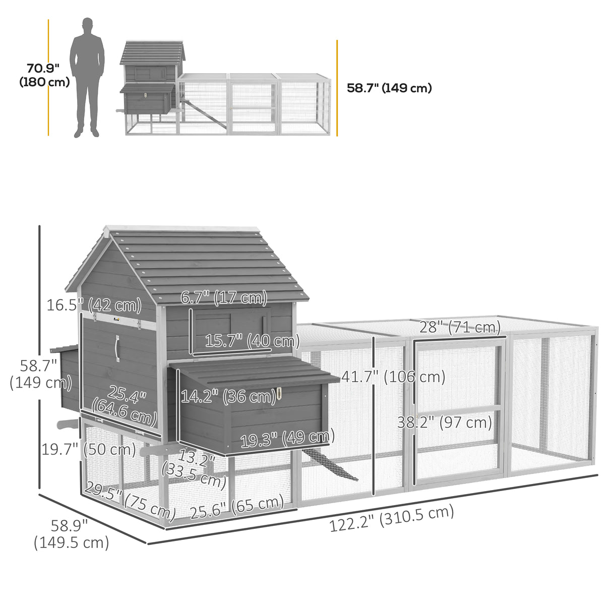 Wooden chicken coop with run and nesting box