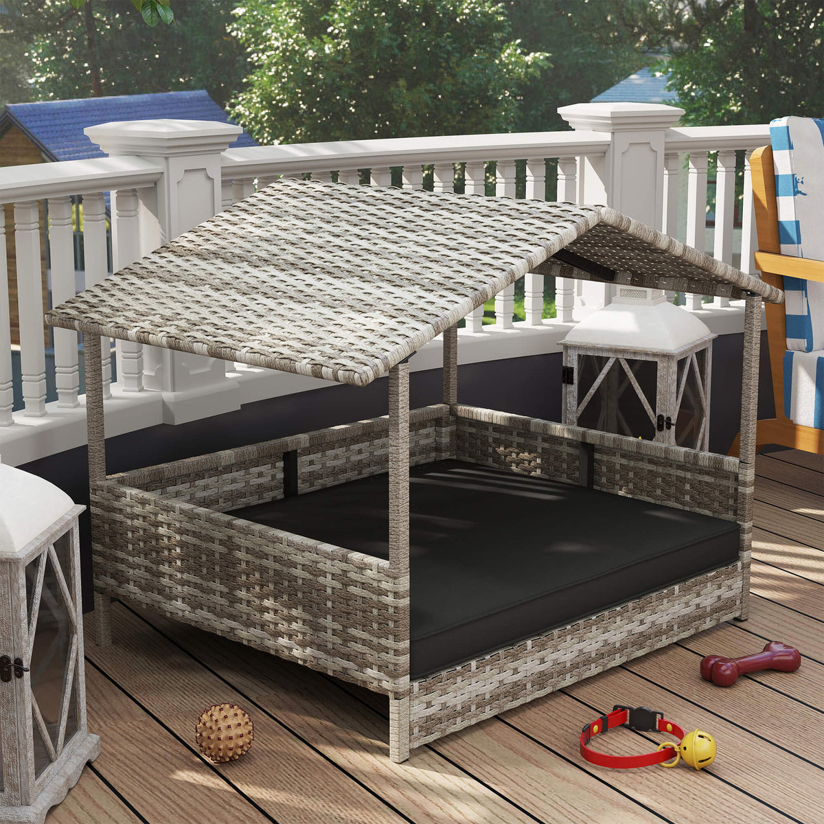 Elevated Rattan Dog House with Canopy Shelter