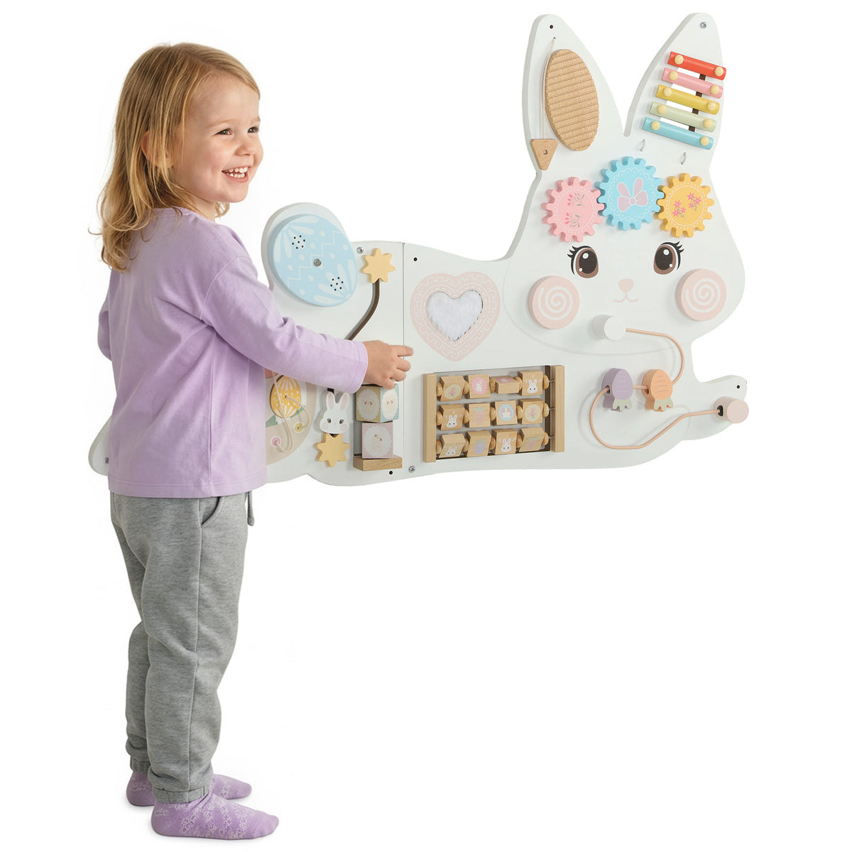 Tablero de estimulación mural Montessori de conejo de Pascua en madera
