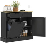 Tilt-out hidden trash can cabinet with drawers
