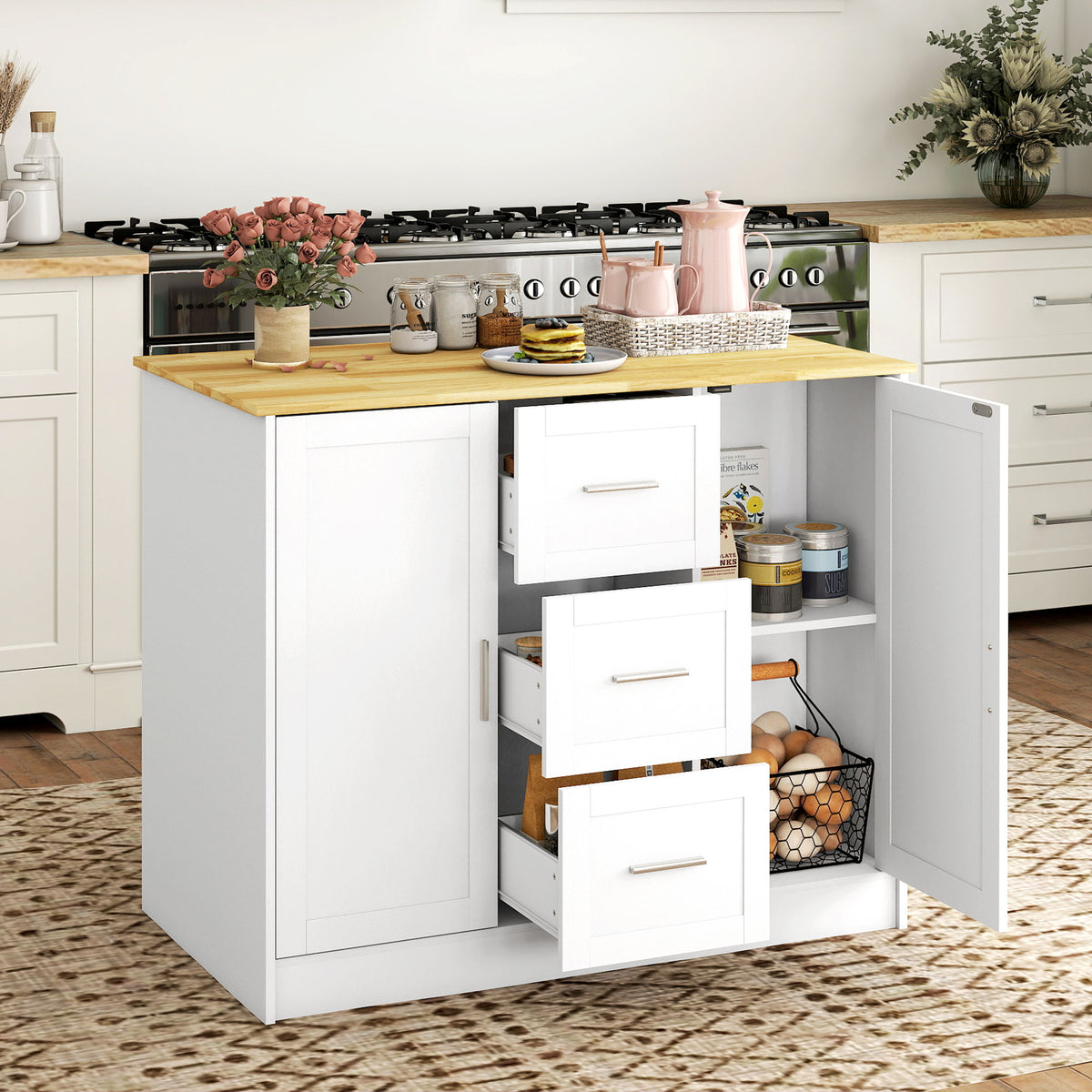 Kitchen island with storage and seating space