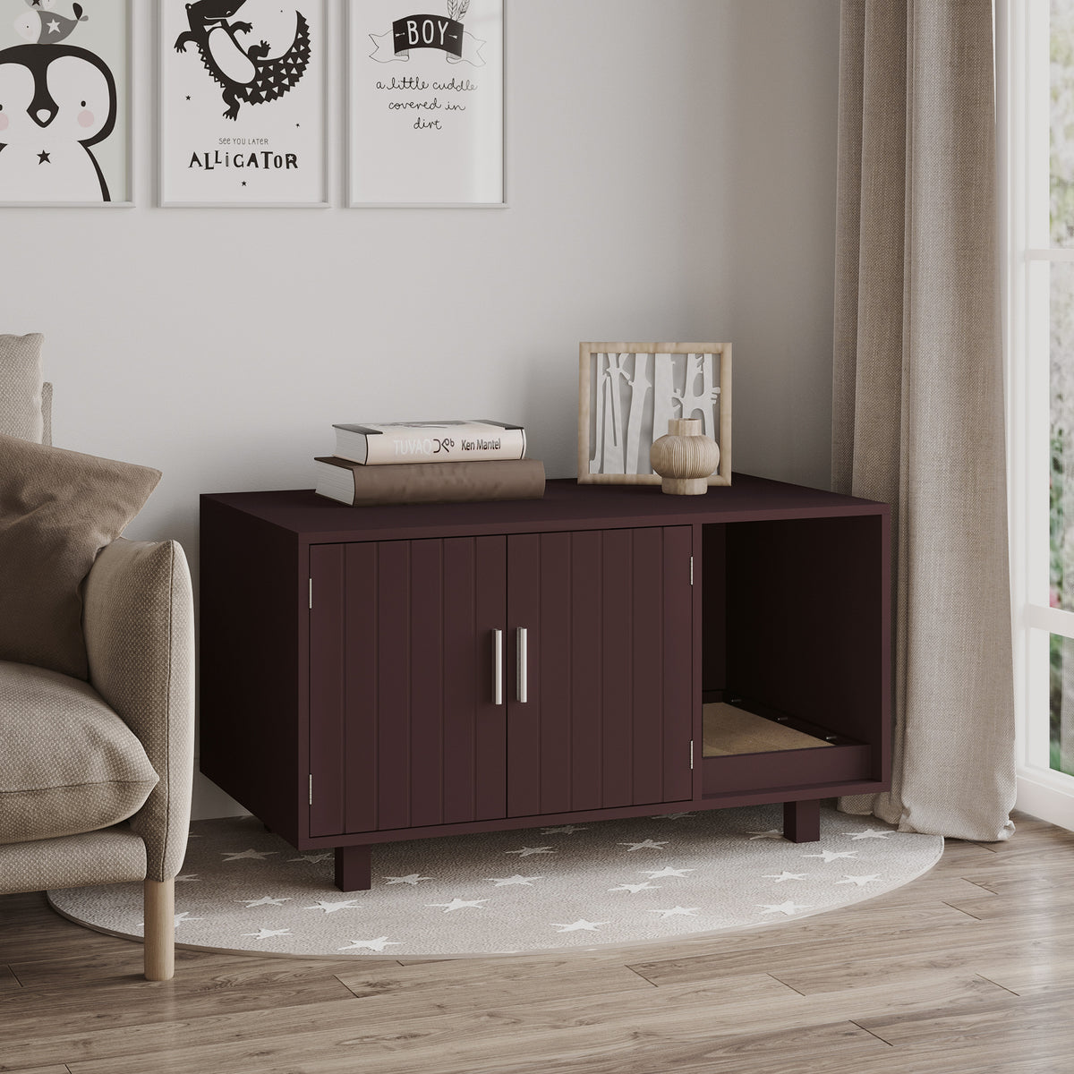 Mueble oculto para arena de gatos, mesa auxiliar con rascador
