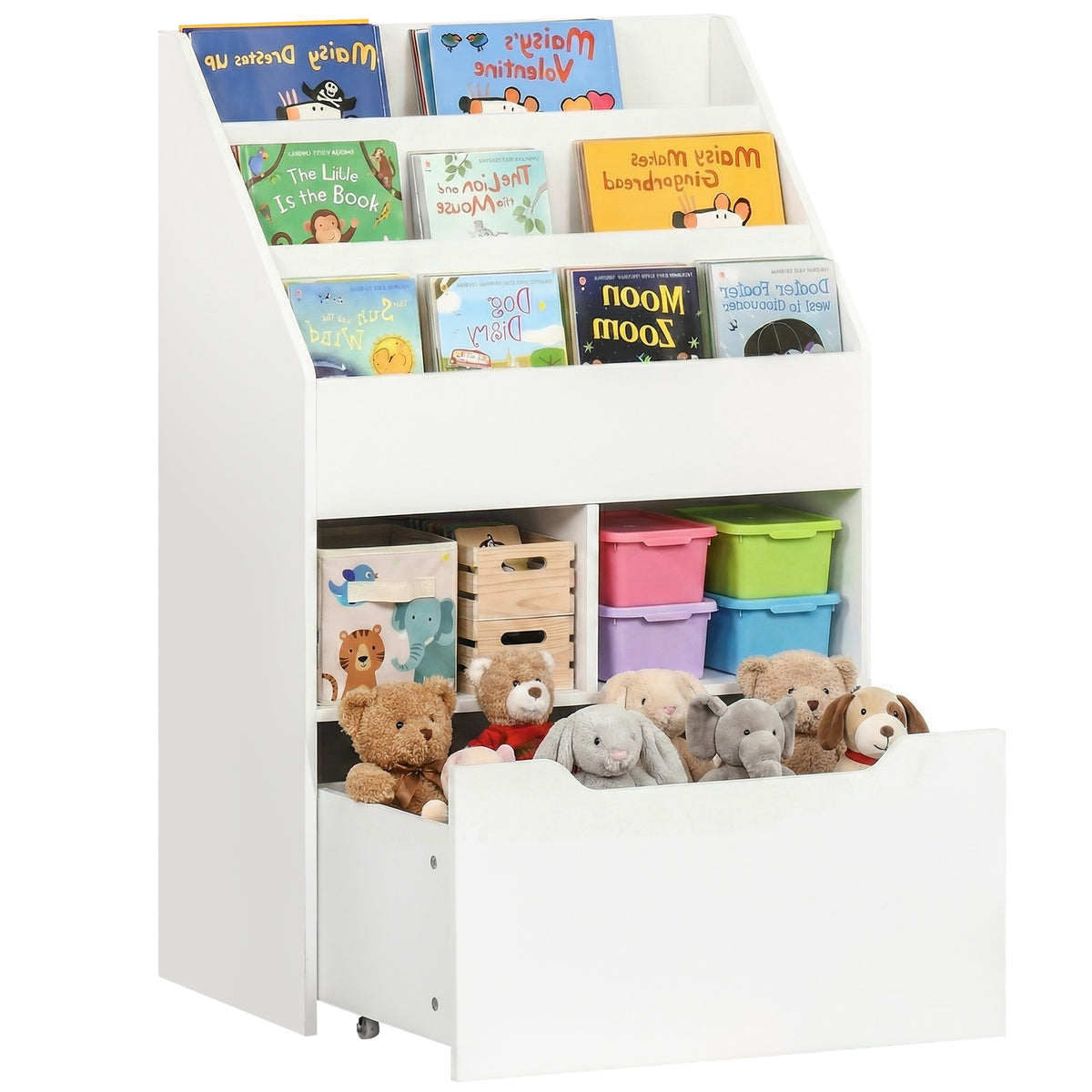 Kids Bookshelf with Storage Drawer Wheels