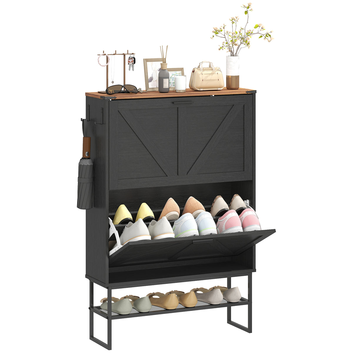 Slim Shoe Cabinet with 2 Flip Drawers