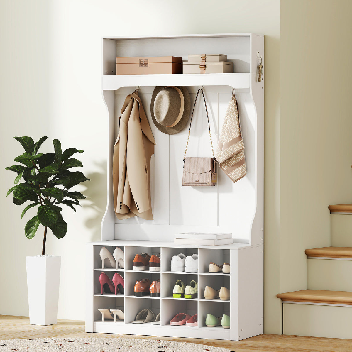 4-in-1 Hall Tree with Bench and 12 Shoe Cubbies
