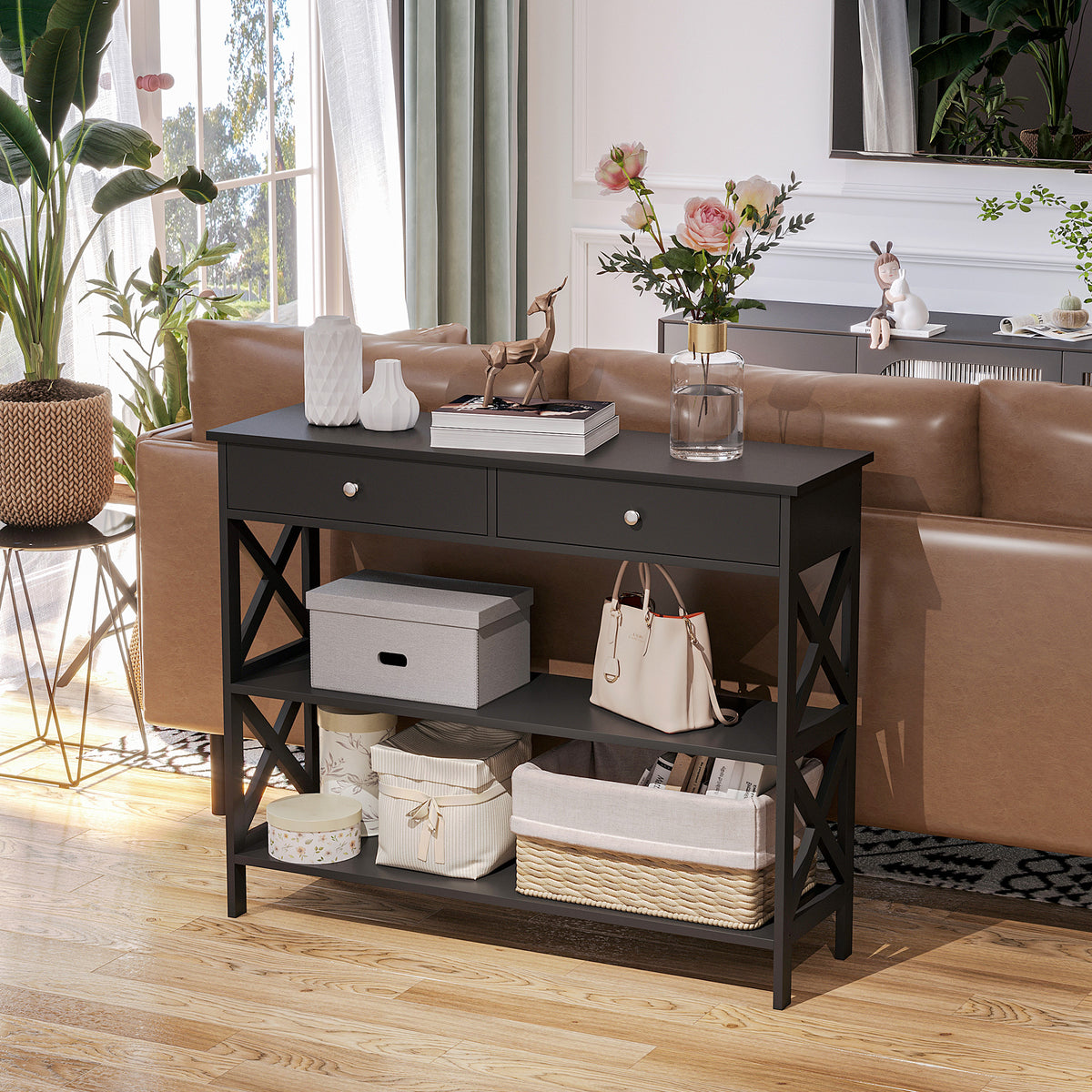 Console table narrow 39 inch with drawers and shelves