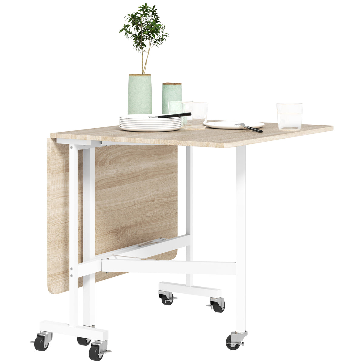 Six-Seater Drop-Leaf Dining Table with Wheels