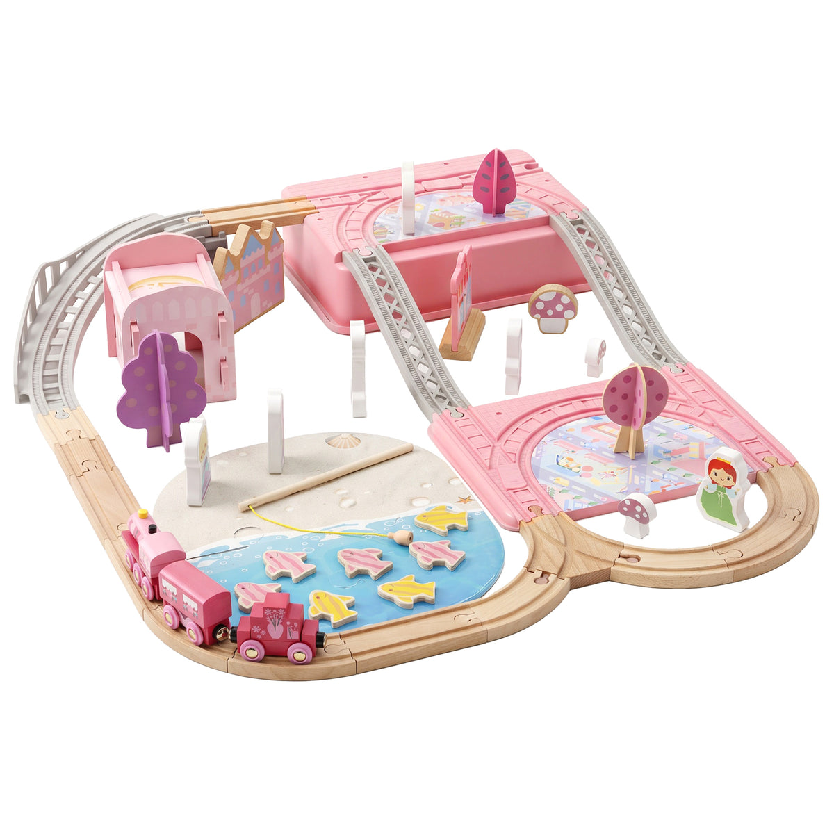 Set de vías de madera de castillo de princesa — Lote de 58