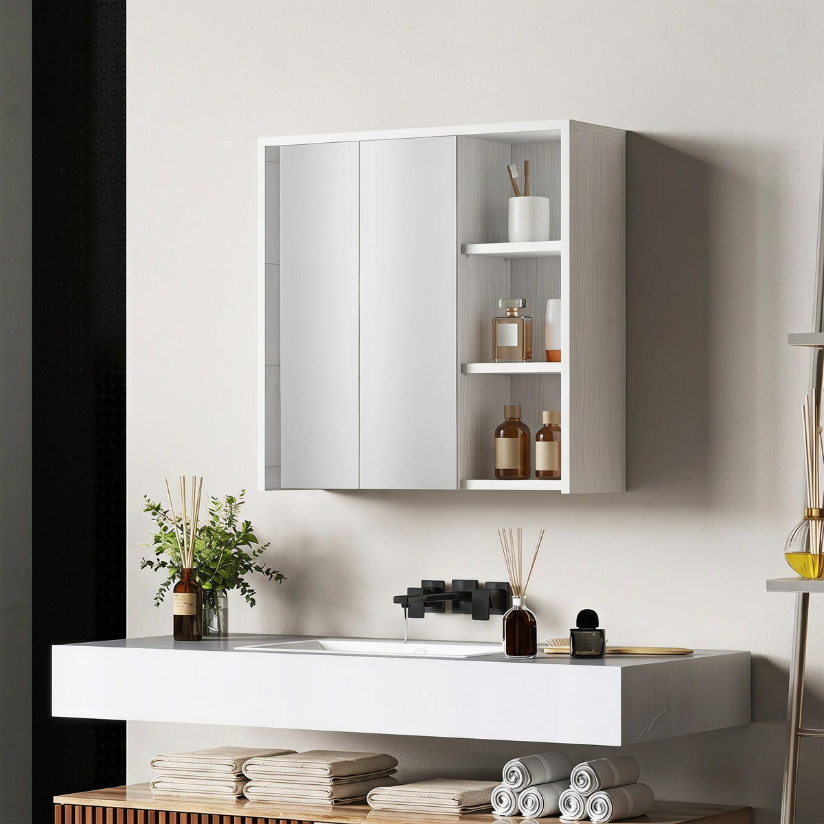Bathroom medicine cabinet with mirror and open shelves