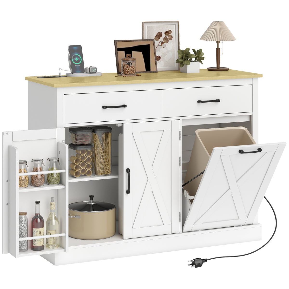 Tilt out garbage cabinet with charging station