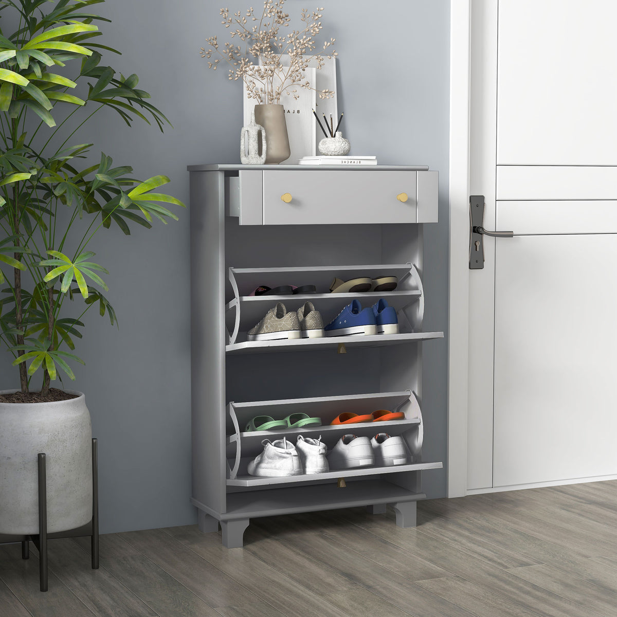 Slim Shoe Cabinet 2 Flip Drawers Adjustable Shelves 8 Pairs