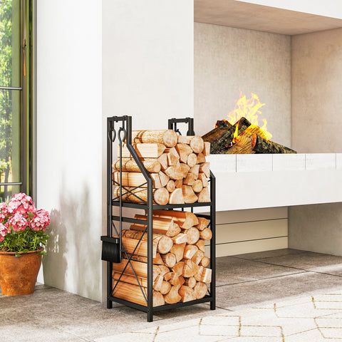 Firewood Rack with Fireplace Tools and Two Shelves