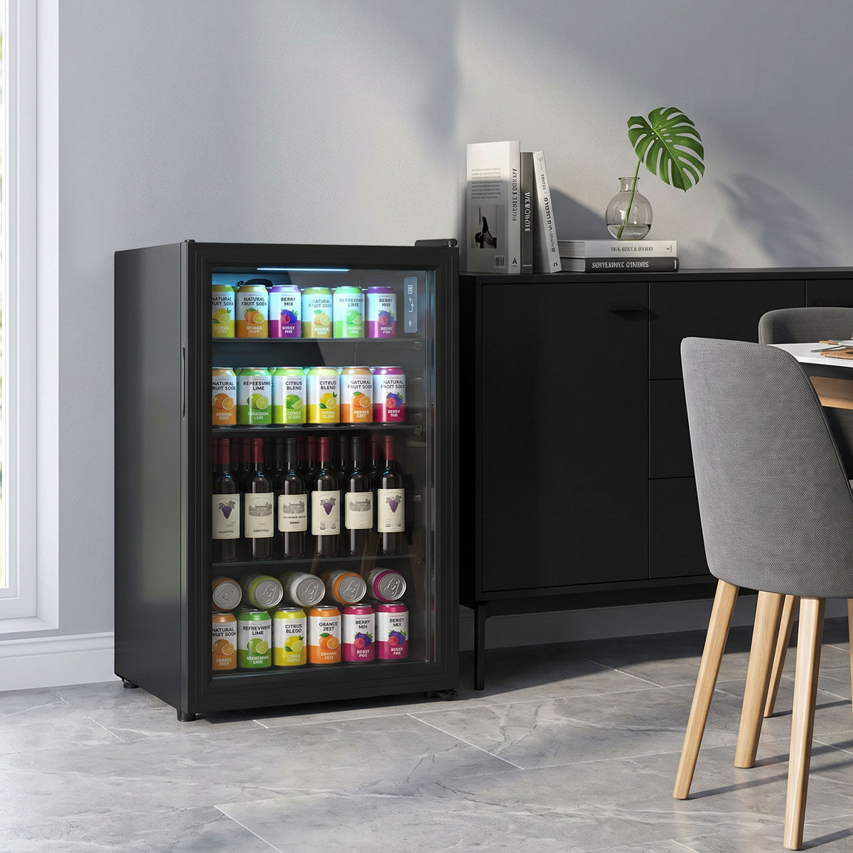 Beverage fridge with glass door and steel