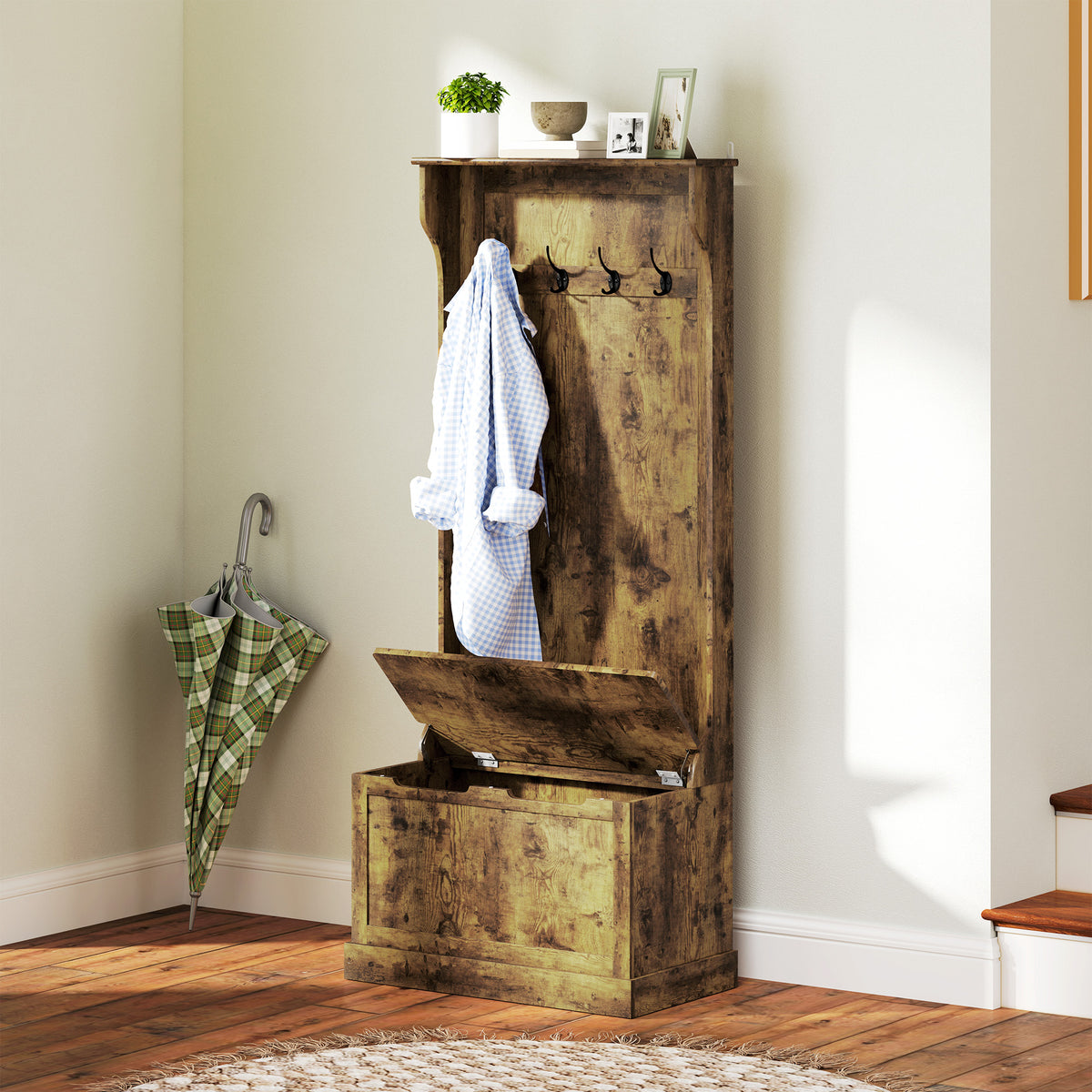 Hall Tree 4-in-1 with Storage Bench Rustic