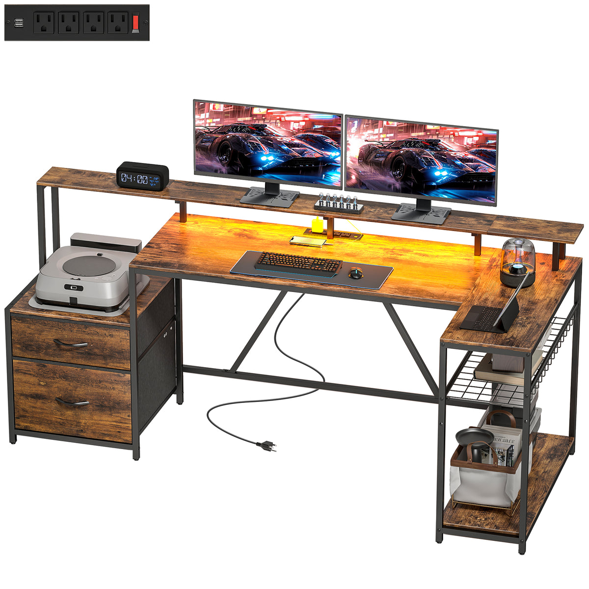 L-Shaped Gaming Desk with RGB Light and Charging Hub