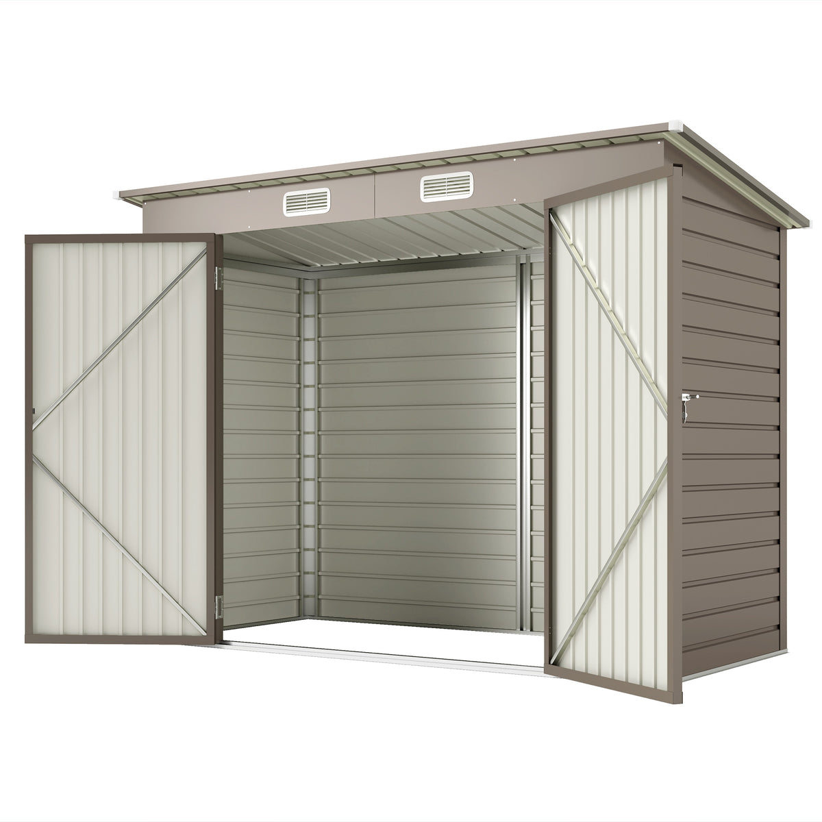Galvanized steel garden storage shed with double doors and vents