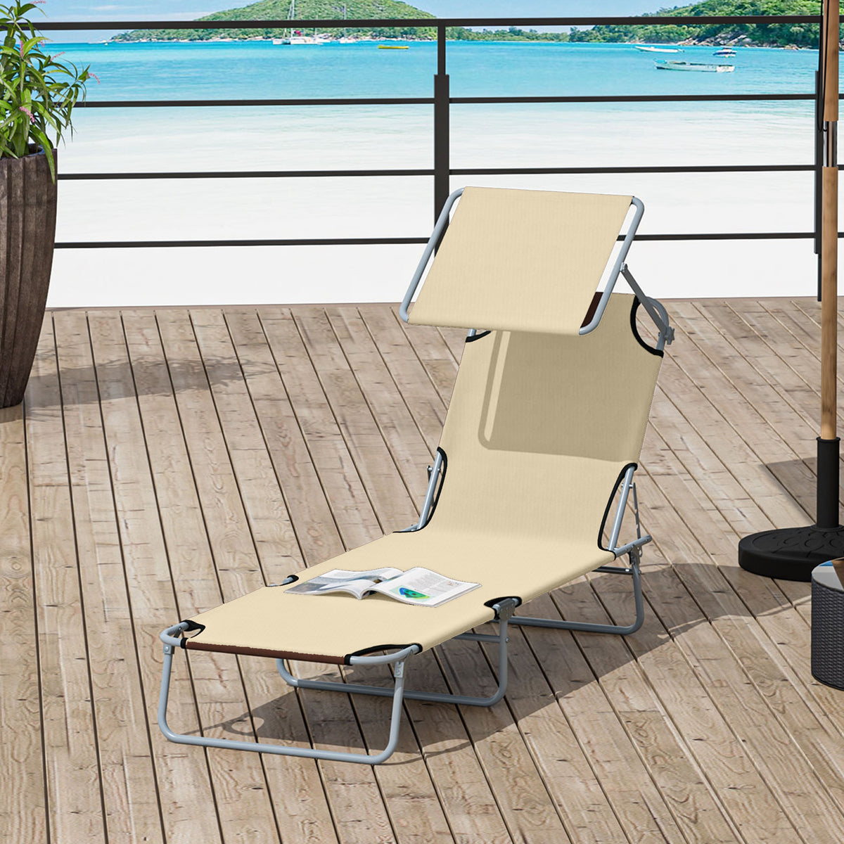 Folding Lounge Chair with Adjustable Sun Shade