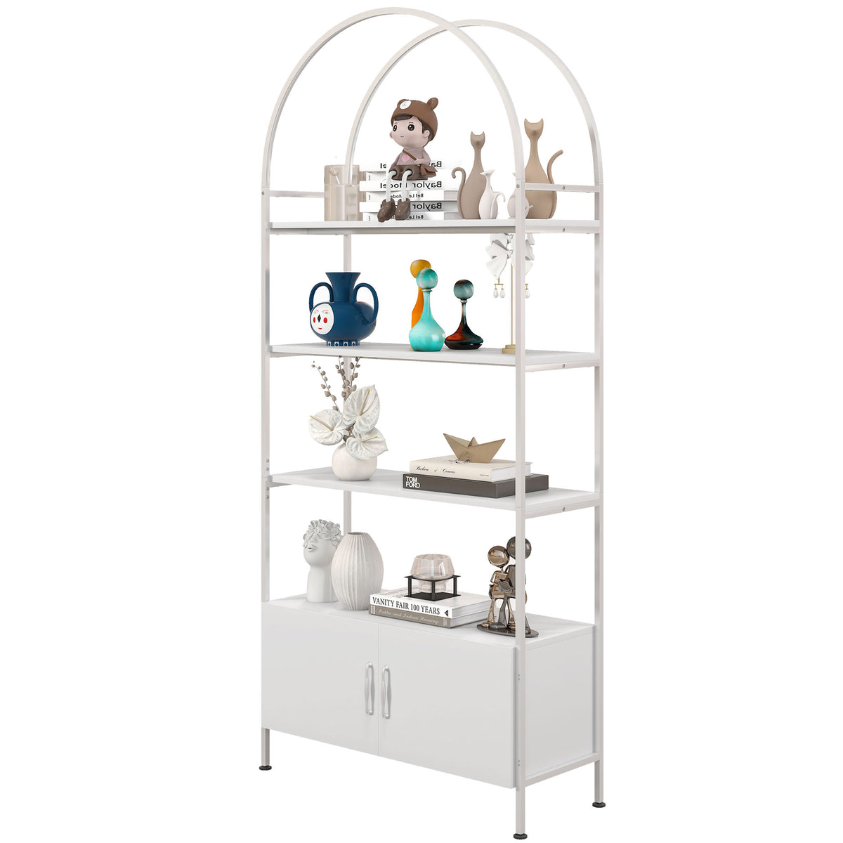 Librería arqueada de 4 niveles con mueble de almacenamiento