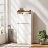 Slim shoe cabinet with 3 flip drawers and sensor light