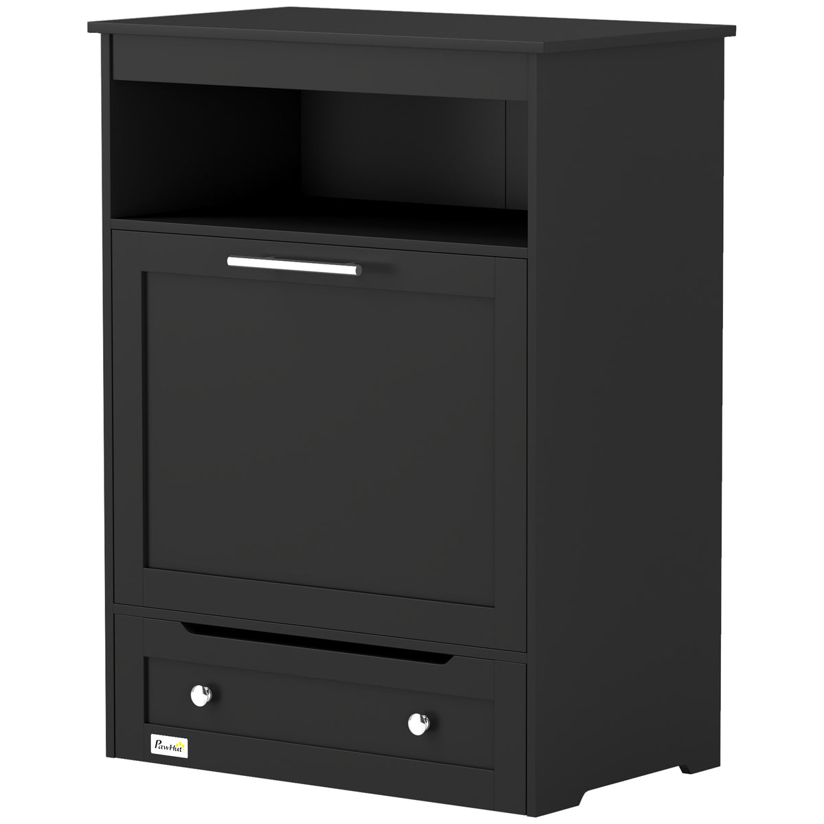 Pet feeder station with storage cabinet and bowls