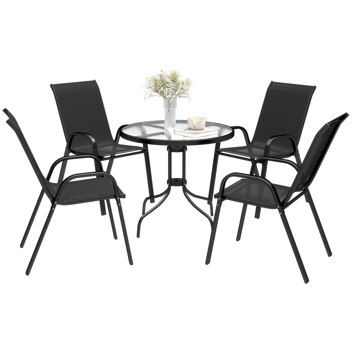 Juego de patio de cinco piezas con mesa redonda y sillas apilables