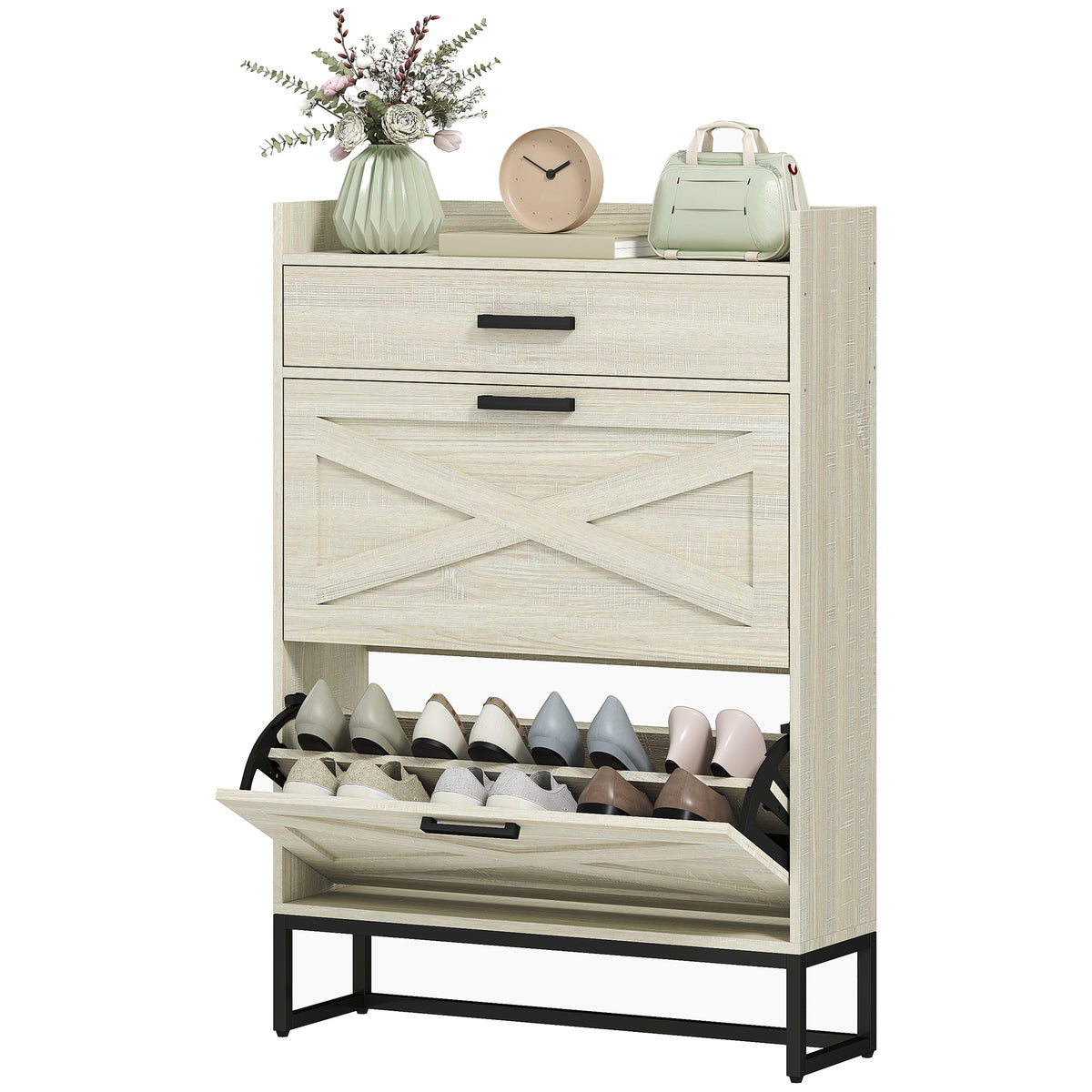 Slim shoe storage cabinet with 2 flip drawers
