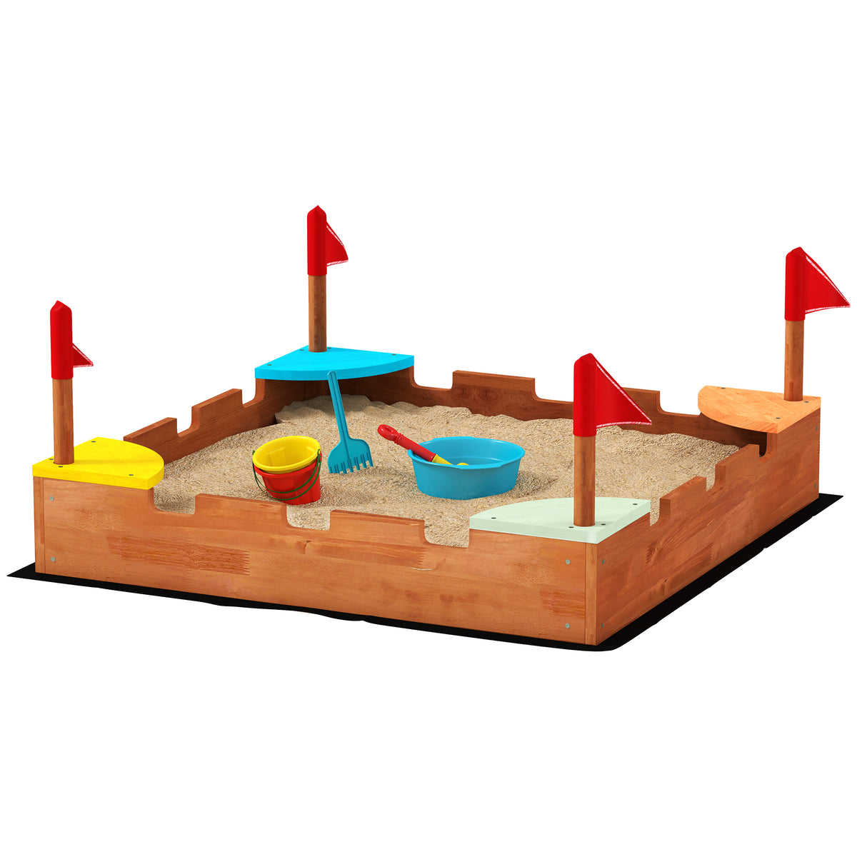 Caja de arena de madera para niños con banderas