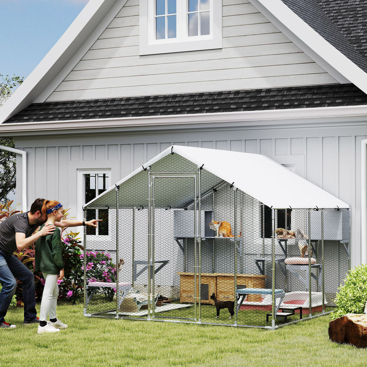 Gran recinto exterior de metal para gatos con refugio impermeable