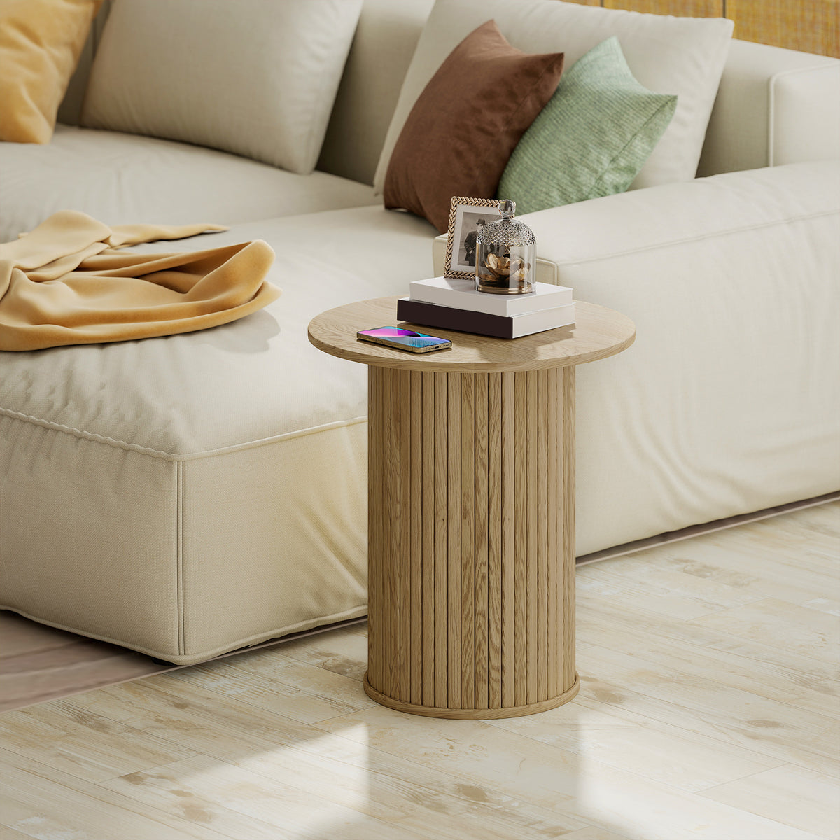 Round Fluted Accent Side Table Oak