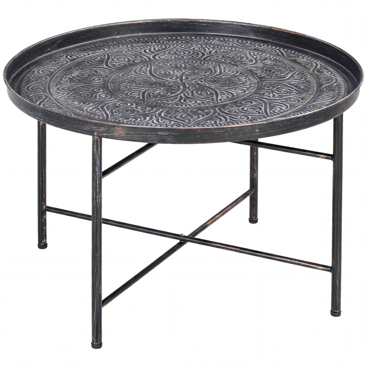 Round Coffee Table Hammered Tray Top Metal Frame
