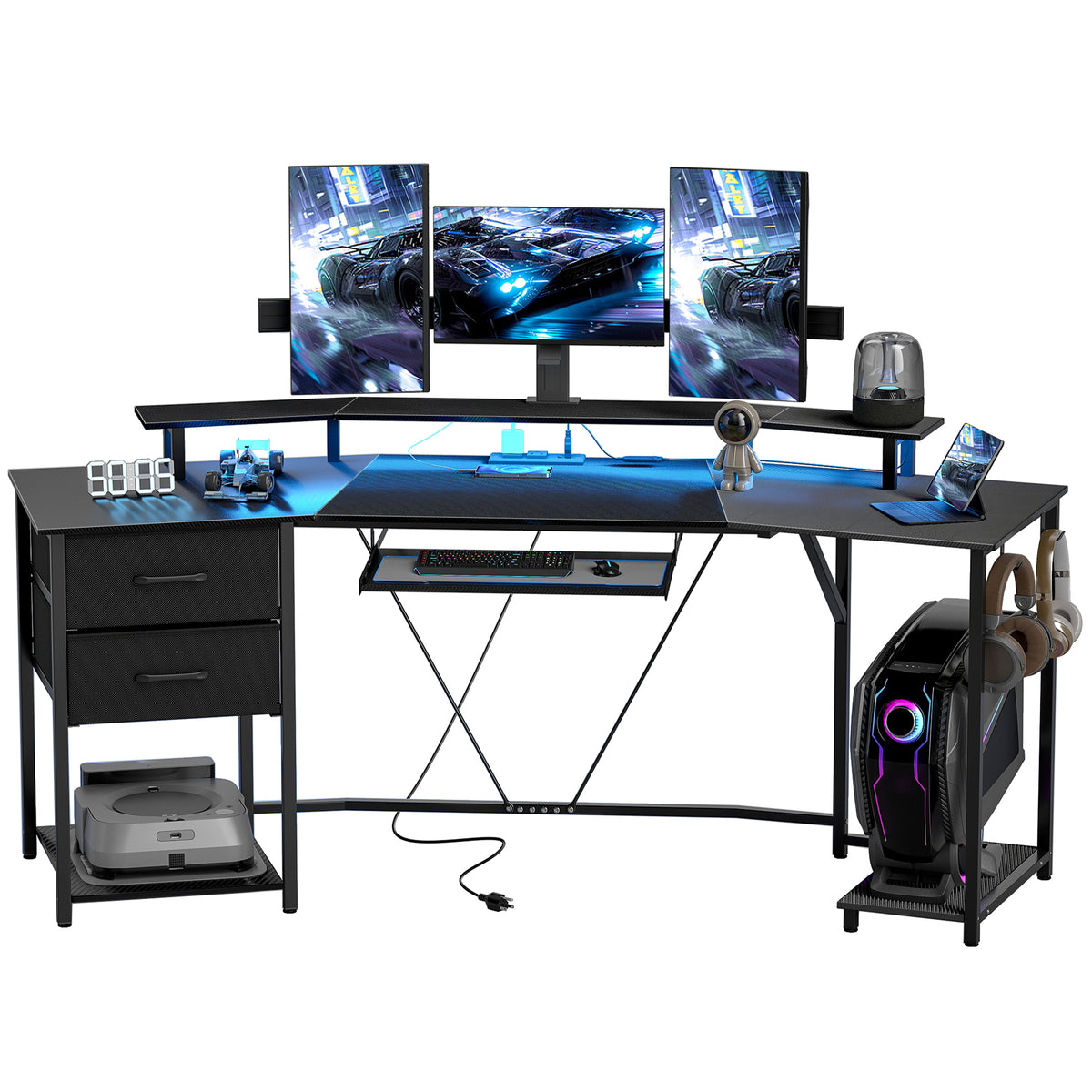 Curved Gaming Desk with RGB Lights, Outlets and Drawers