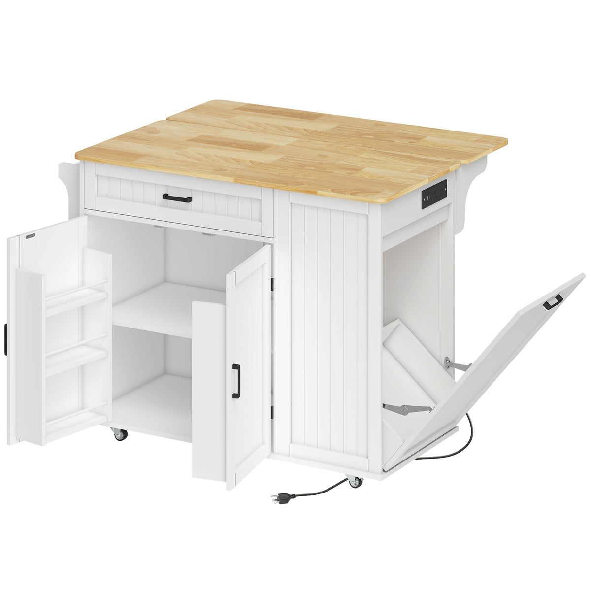 Portable kitchen island cart with charging station and drop leaf
