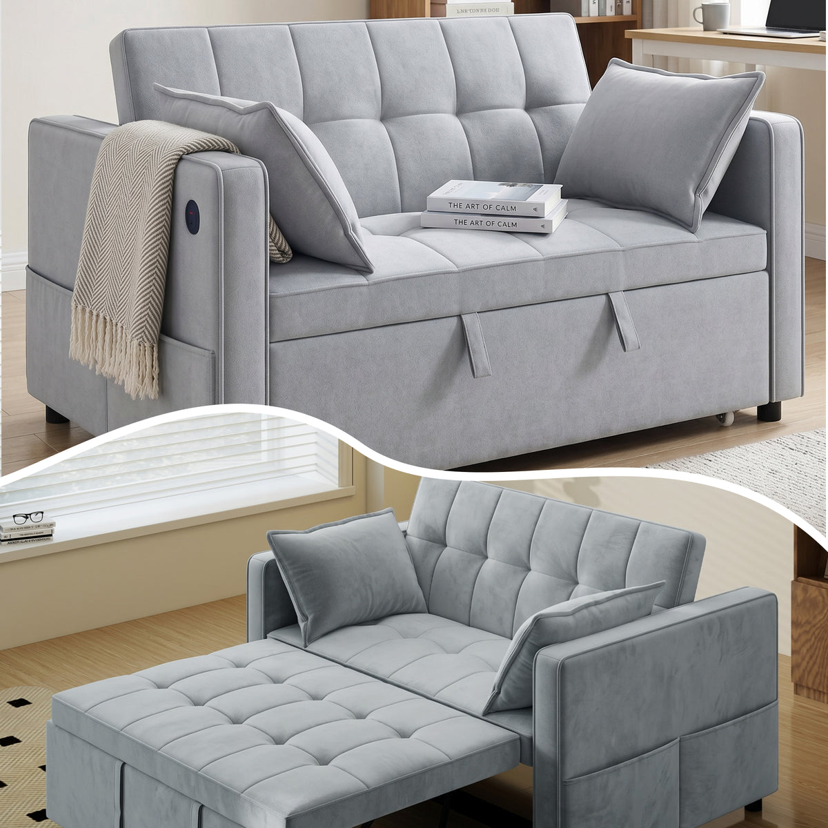 Convertible 3-in-1 Sofa Bed with USB Charging