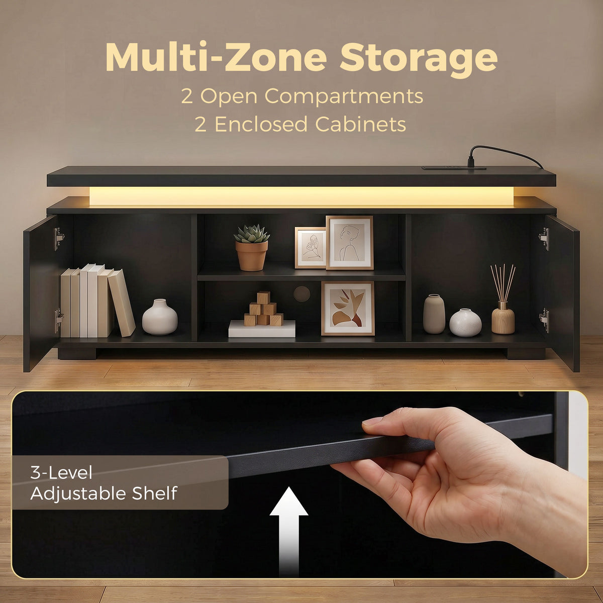 TV Stand with RGB LED Lights and Built-In Power Outlets