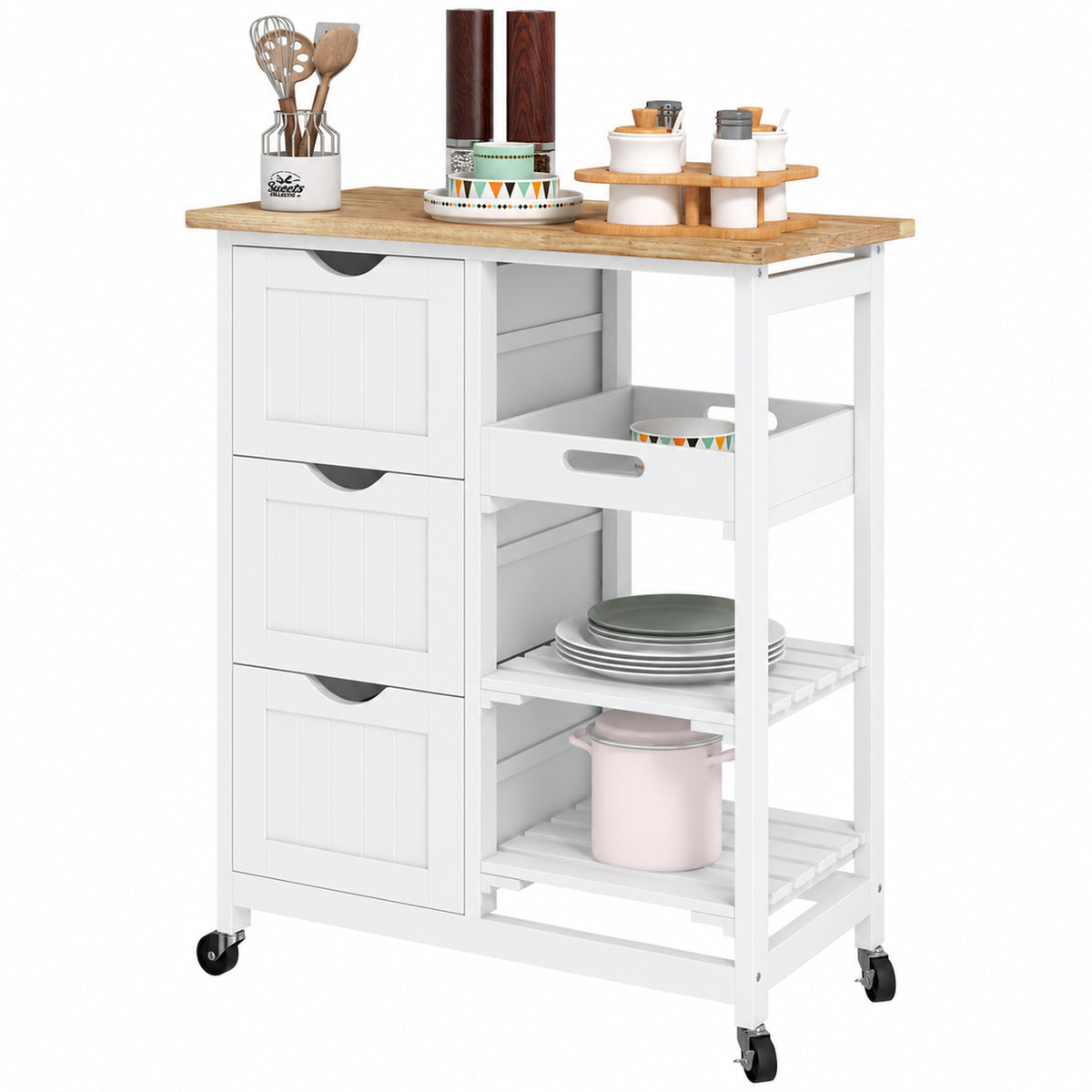 Rolling kitchen cart with wood top and drawers