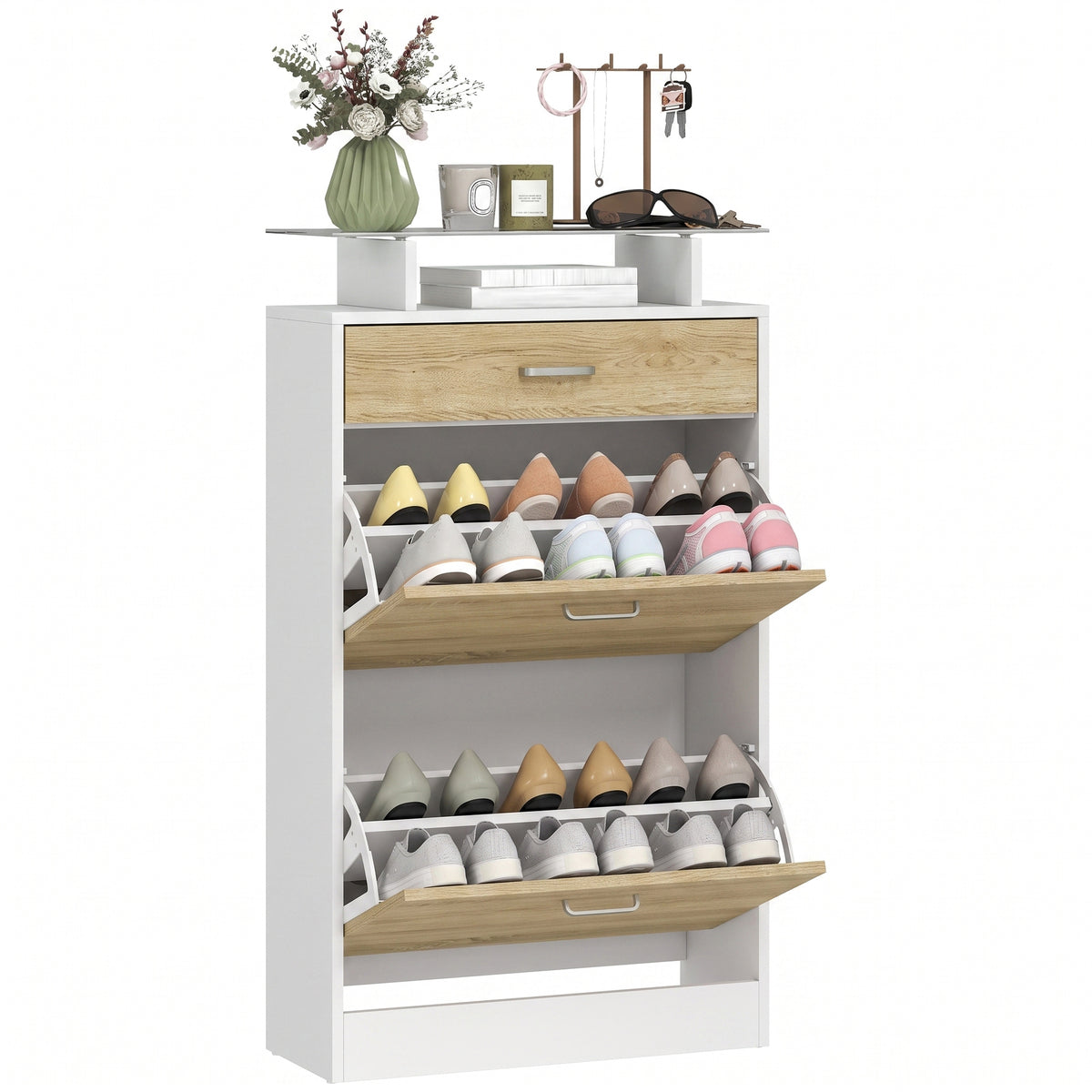 Slim flip drawer shoe cabinet