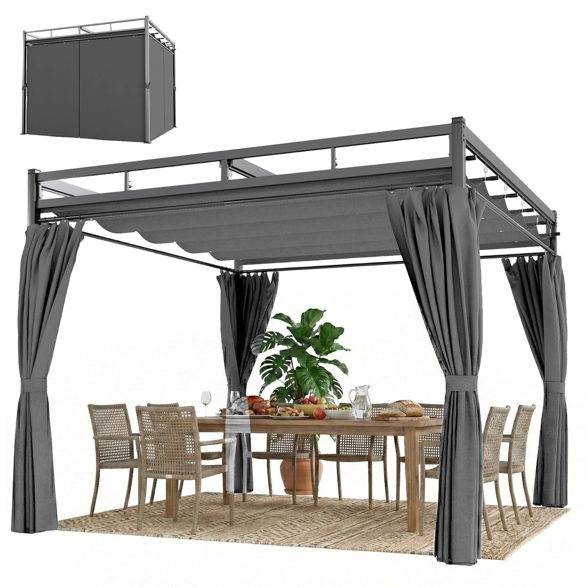 Freestanding Pergola Retractable Canopy with Curtains 10×10 ft