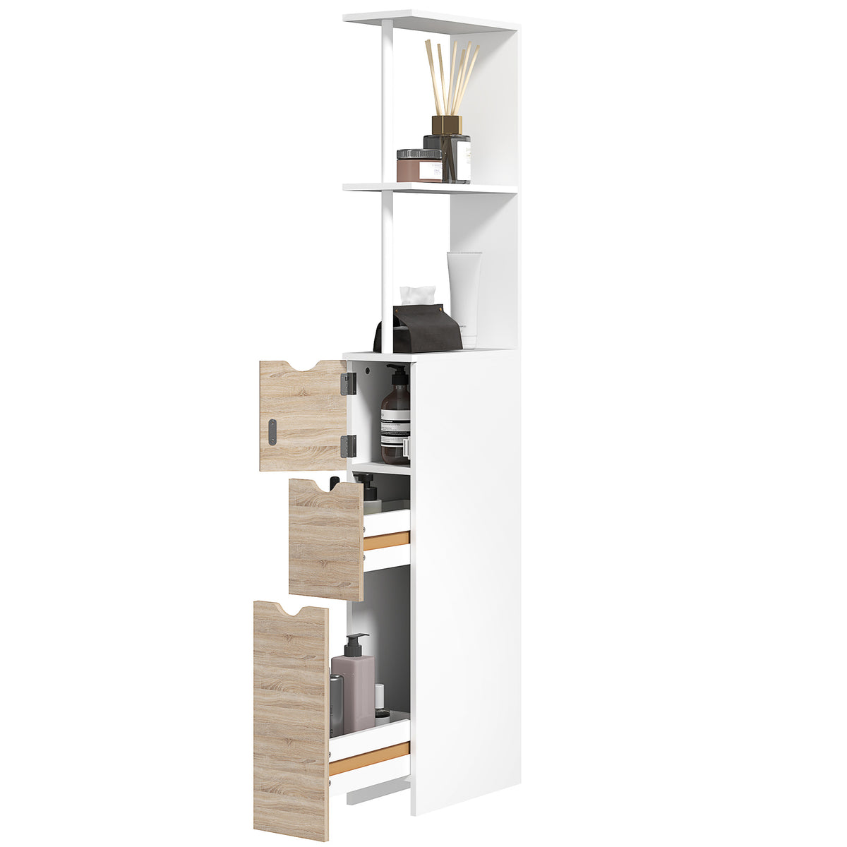 Tall narrow bathroom storage cabinet in wood