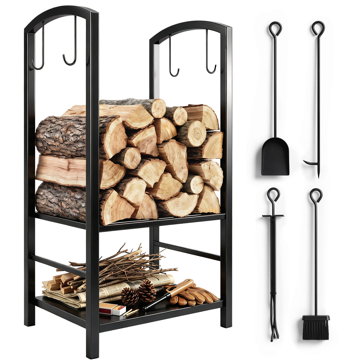 2-Tier Firewood Log Rack with 4 Tools