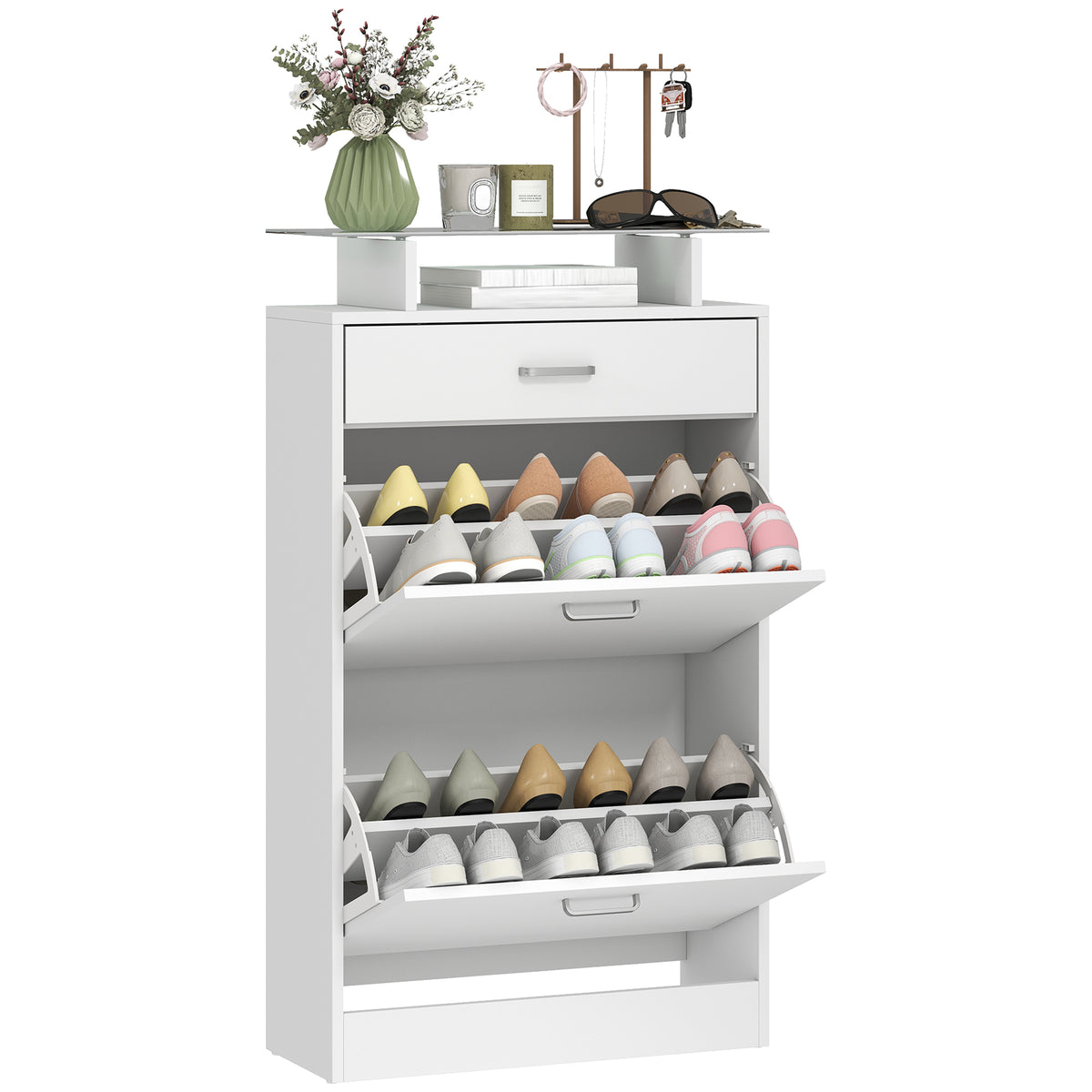 Slim flip drawer shoe cabinet