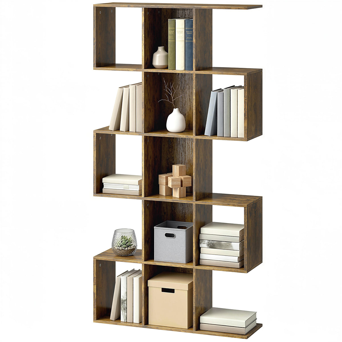 5-Tier S-Shaped Bookshelf — 15 Compartments