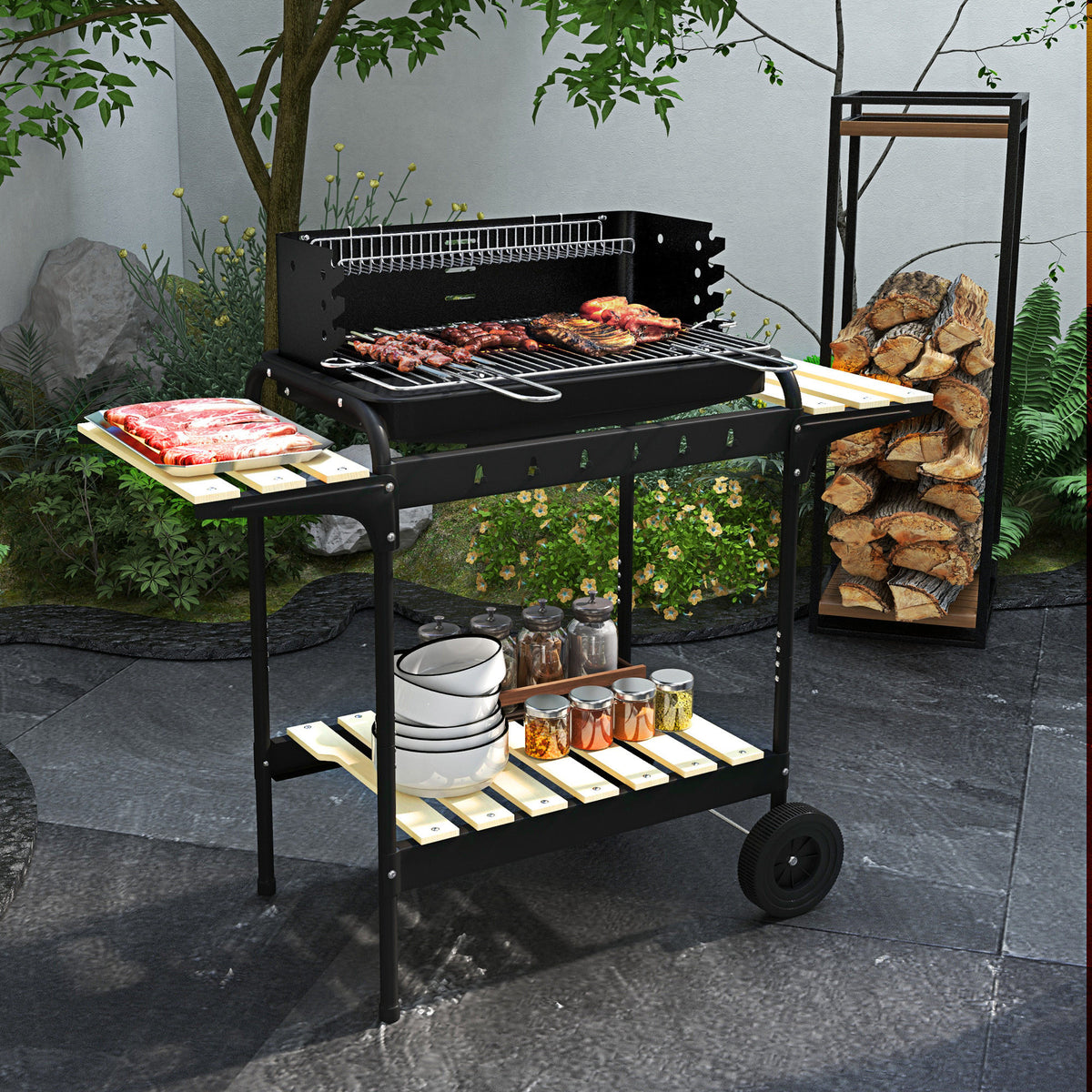 Portable charcoal barbecue grill with adjustable height