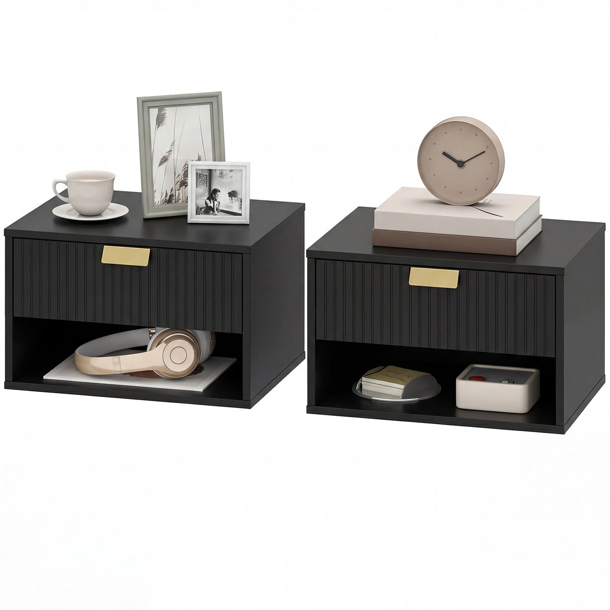 Wall mounted bedside tables fluted drawer — Set of 2