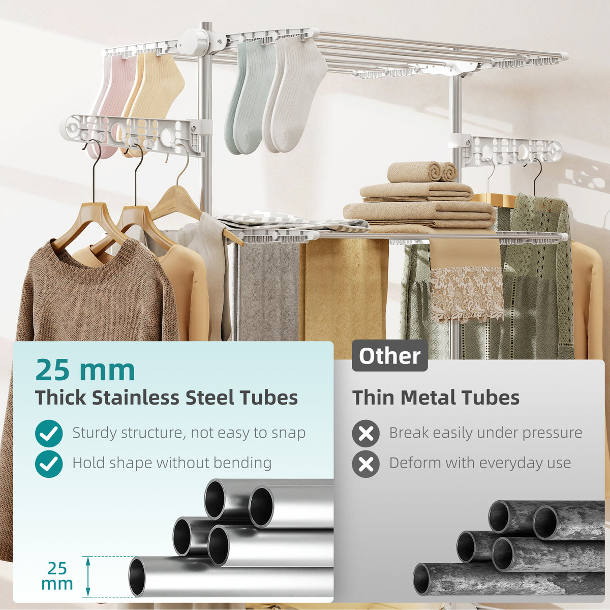 3-Tier foldable clothes drying rack stainless steel