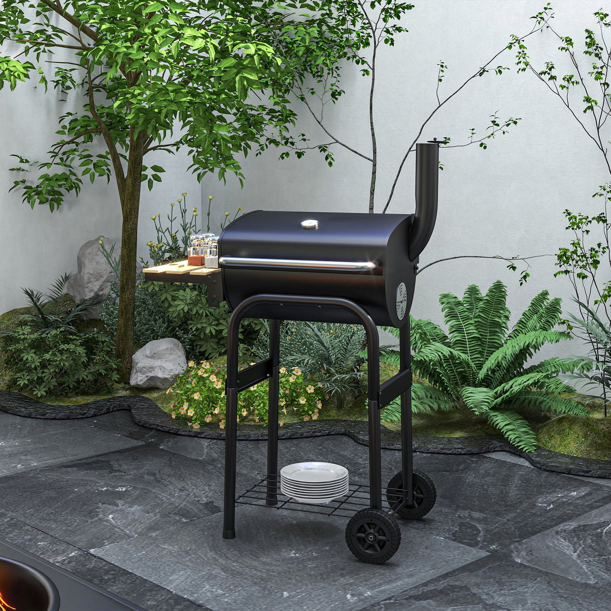 Charcoal BBQ with thermometer and wheels