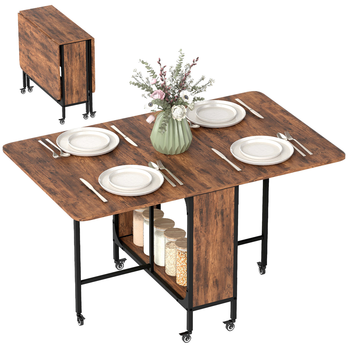 Mesa de comedor plegable extensible con tablero y ruedas