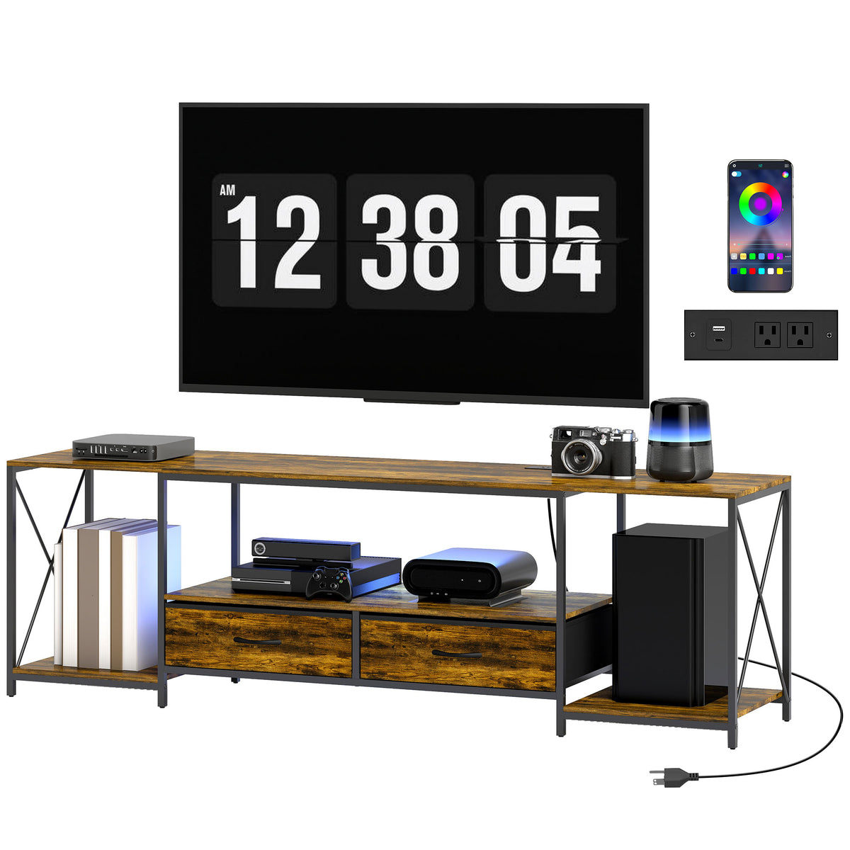 Mueble de TV industrial con iluminación RGB y estación de carga