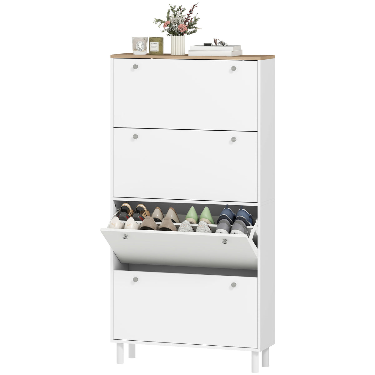 Narrow Shoe Cabinet 4 Flip Drawers — Holds 24–32 Pairs