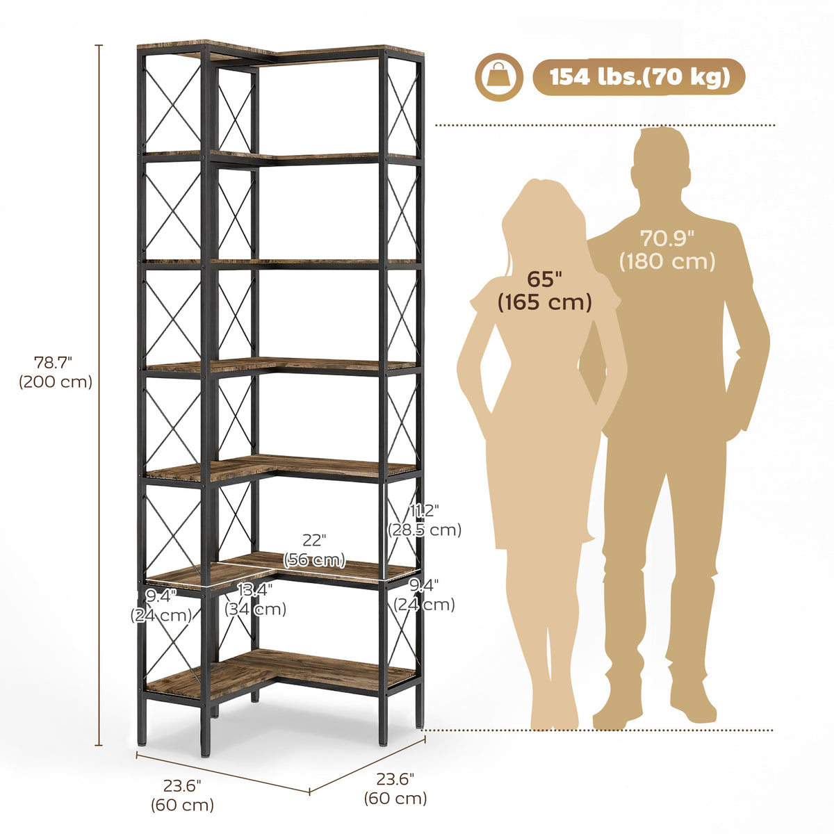 6-Tier L-Shaped Corner Bookshelf Industrial Style
