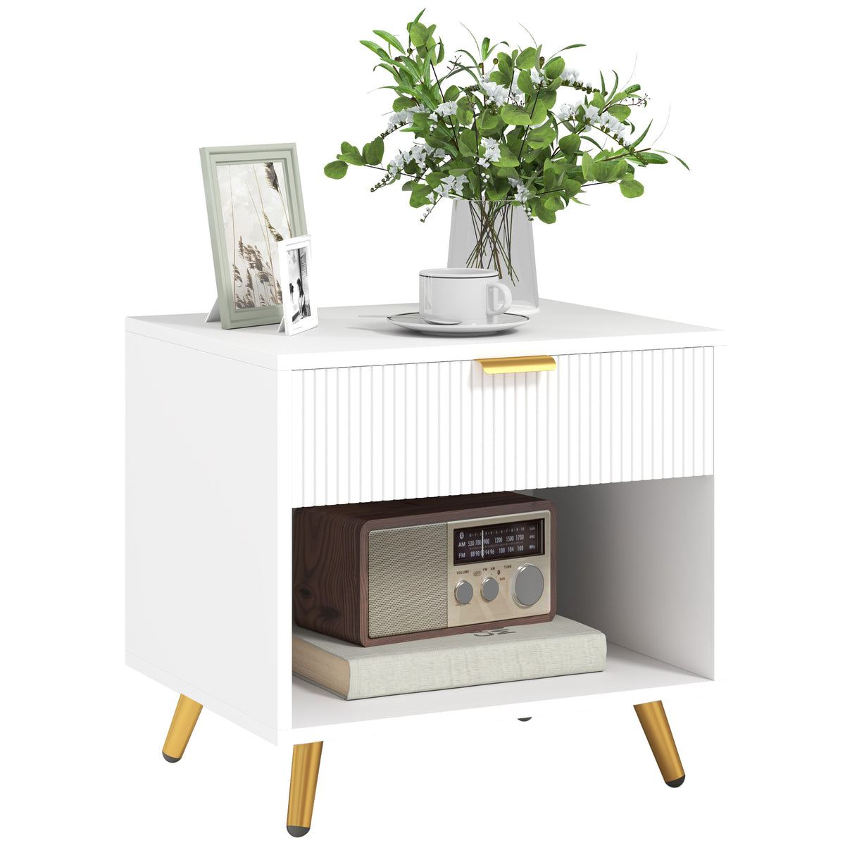 Nightstand Fluted Panel with Drawer and Open Shelf